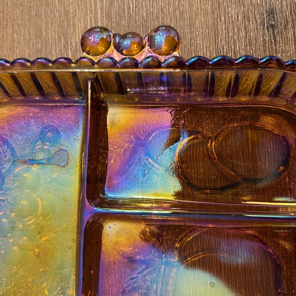 🍇 Vintage Marigold Carnival Glass Footed Fruit Bowl & Divided Relish Tray Set - Picture 13 of 14